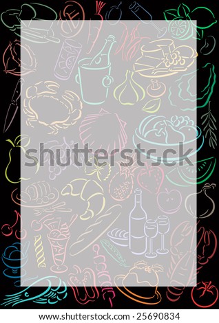 black background with colored food symbols and a transparent frame for filling with content