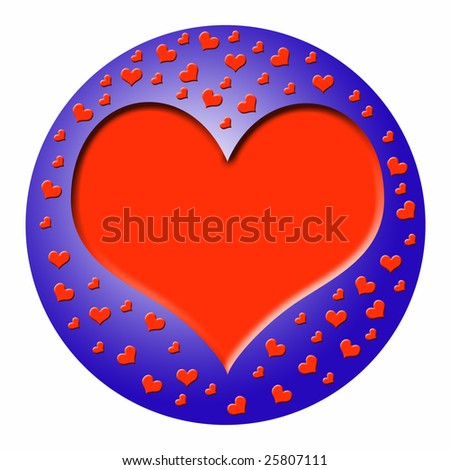 round blue plastic button with a big red heart and many little red hearts