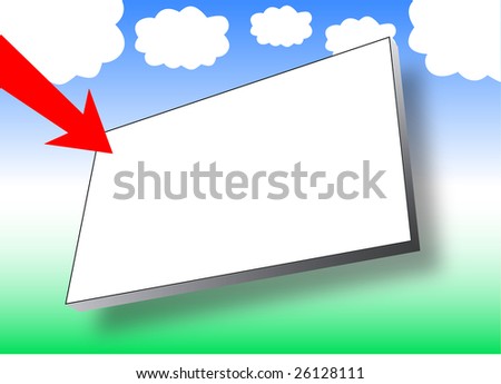 shadowed white billboard over a blue sky with white clouds and a red arrow