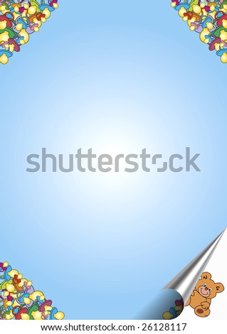 blue gradient background with edged full of baby soothers and a rolled edge on the right side in the bottom
