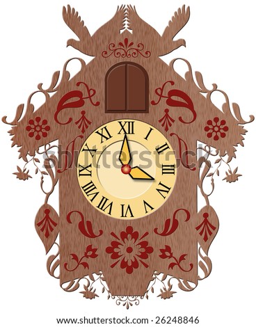 An illustration of a decorative brown cuckoo clock - traditionally produced and used in the blackforest in germany