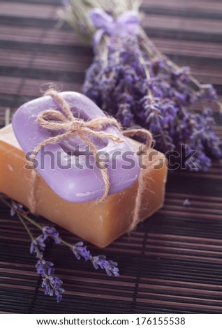 Soap and Lavender flowers. Spa concept.