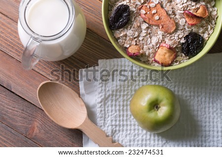 Lifestyle photo of healthy breakfast with oat-flakes and milk