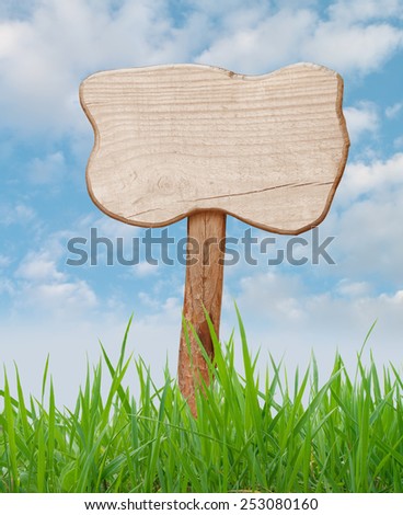 Wood sign with field grass and blue sky