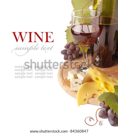 Cheese and red wine, isolated on white background