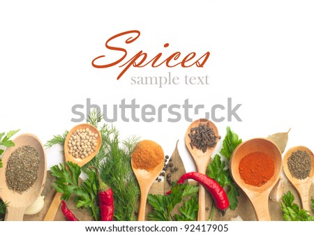 spices in the spoons on white background