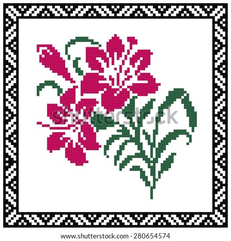 Software created image of cross stitched needlework. Pink Flowers