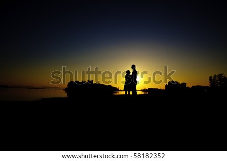 Silhouette of couple standing by the shore with the sun setting in background of couple standing by the shore with the sun setting in background