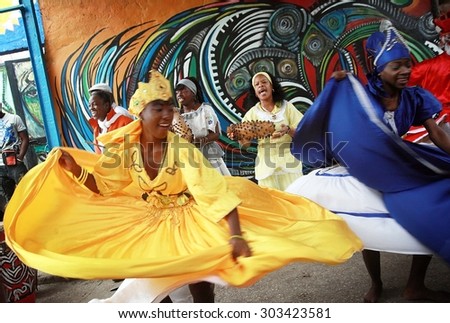 Havana - Cuba, March 14, 2013. Project Callejon de Hamel, dancers in traditional costumes show every weekend their african and cuban art and tradition to visitors and tourists.