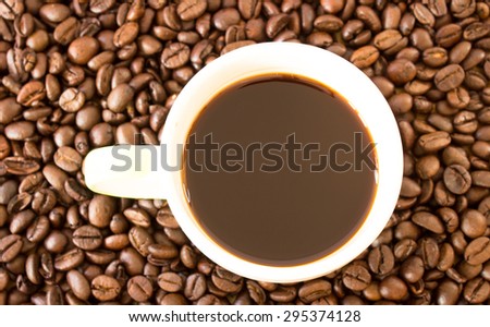 Coffee aroma is responsible for all coffee flavor attributes other than the mouth-feel and sweet and bitter ,feel like espresso coffee Drink in Simple left hand Mug on blur coffee beans background