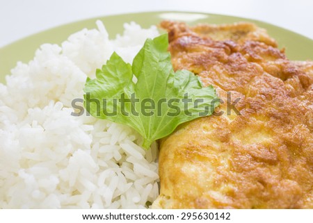 An omelet is a dish made from beaten eggs  quickly cooked with butter or oil in a frying pan.and served with steamed rice  on plate that is Thai Style Fast food.