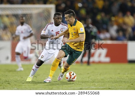 SYDNEY AUSTRALIA-JANUARY 2015, Jason Davidson (3) and Ismail Al Hammadi (15) in action during the AFC Asian Cup Australia and United Arab Emirates , ANZ Stadium, Sydney, 27 January 2015, in Australia