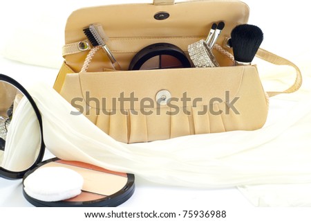 makeup brushes and blush in handbag on white background