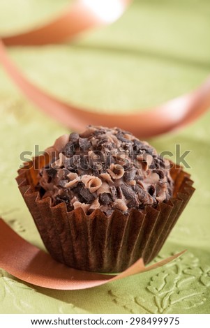 Organic chocolate truffle ball on green background