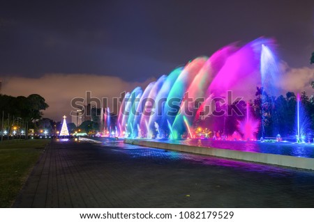 Magic water circuit and light show at the Park of the Reserve (world\'s biggest fountain complex) in Lima, Peru