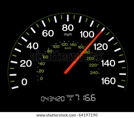 Close up of an illuminated speedometer reading 110 MPH.