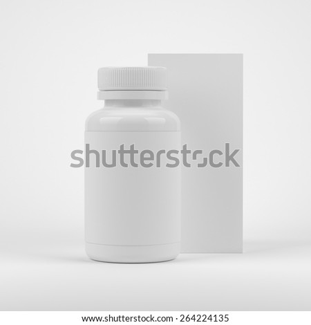 Blank pills container with blank label and blank package box on white background