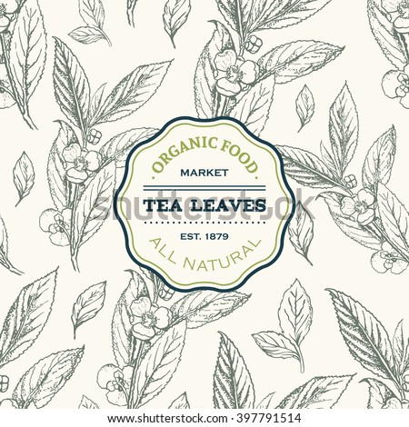 Tea leaves design template. Vector seamless pattern with hand drawn sketch. Vintage floral background isolated on white. Vector illustration.