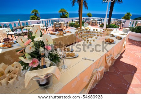 stock photo Wedding buffet with appetizer and champagne on a beautiful 