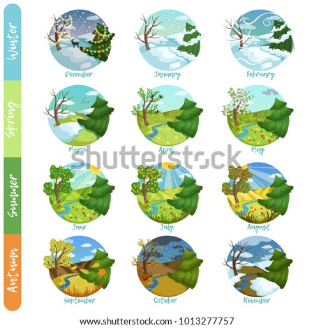Twelve months of the year set, four seasons nature landscape winter, spring, summer, autumn vector illustrations
