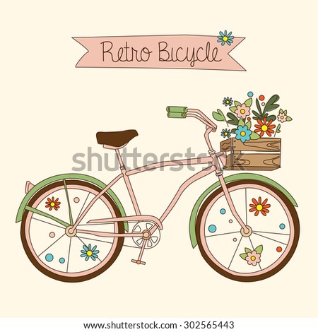 Retro bicycle with karzinkoy for flowers , hand-drawn Vector illustration.