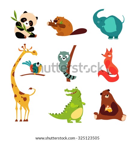 Vector illustration set of cartoon wild and tropical animals and birds,