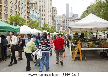 New York, New York, USA - May 20, 2011: Union Square Greenmarket Farmers Market. This farmers market located in Union Square Park just above 14th street in has been in existence since 1976.