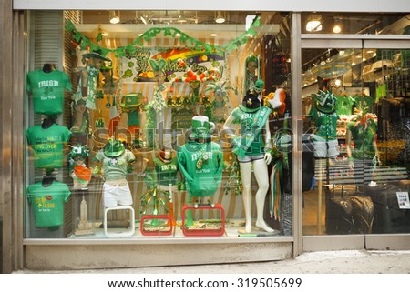New York, New York, USA - March 14, 2011: The display window of a novelty or souvenir store on 5th avenue in Manhattan a few days before St. Patrick\'s Day.