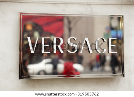 New York, New York, USA - March 14, 2011: Close-up of the Versace sign on the Versace store on fifth avenue in Manhattan.