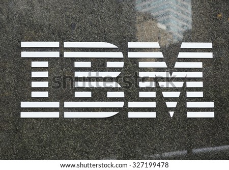 New York, New York, USA - May 30, 2012: The IBM logo on the IBM building on the corner of Madison Avenue and 57th street in Manhattan. There is a reflection in the stone surface.