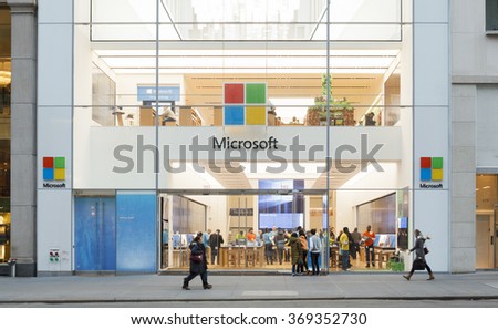 New York, New York, USA - January 27, 2016: People walk by the Microsoft Store on Fifth Avenue in Midtown Manhattan.