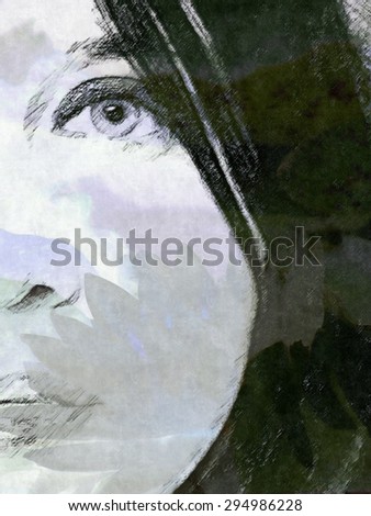 Side of Face Artwork with Water Lily Double Exposure - Blue and Gray Hues