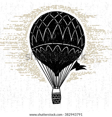 Hand drawn textured vintage icon with hot air balloon vector illustration.