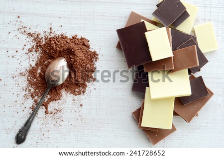 Chocolate bars with heap of cacao powder
