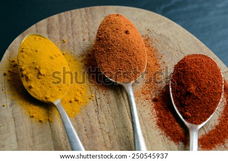 Set of  spoons with spices on black background