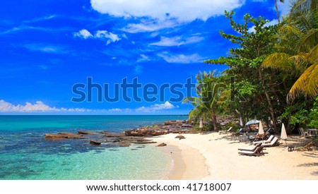 Tropical summer beach - palm tree, nature, family hotel, sea water, sky background, white sand for child