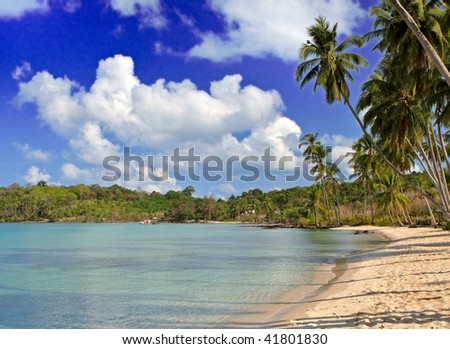 Family hotel beach on the wind tropical island, sea water, white sand  and sky background