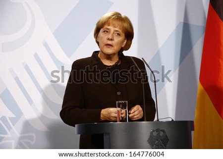 OCTOBER 6, 2008 - BERLIN: Gerjman Chancellor Angela Merkel at a press conference after a meeting with the Italian Prime Minister in the Chanclery in Berlin.