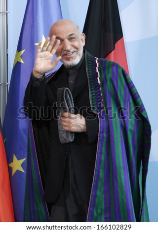 MAY 10, 2009 - BERLIN: Afghan president Hamid Karsai at a press conference after a meeting with the German Chancellor in the Chanclery in Berlin.