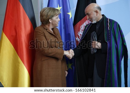 MAY 10, 2009 - BERLIN: Chancellor Angela Merkel, Afghan president Hamid Karsai at a press conference after a meeting n the Chanclery in Berlin.