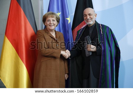 MAY 10, 2009 - BERLIN: Chancellor Angela Merkel, Afghan president Hamid Karsai at a press conference after a meeting n the Chanclery in Berlin.