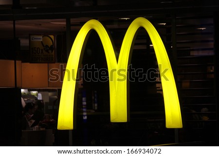 NOVEMBER 2013 BERLIN logo electronic sign for the fast food chain McDonalds&quo t Berlin NOVEMBER 2013 BERLIN logo electronic sign for the fast food chain McDonalds&quo t Berlin