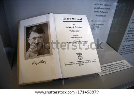 October 2010 - Obersalzberg: The Book &Quot;Mein Kampf&Quot; (My Fight) By German Nazi Dicator Adolf Hitler, Exhibit In The Documentary Center On Nazi-Germany, Obersalzberg, Berchtesgaden, Bavaria, Germany.