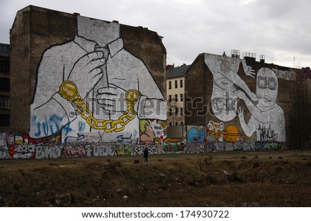 MARCH 20110 - BERLIN: street art in Berlin: a big murial on a building in the Kreuzberg district of Berlin.