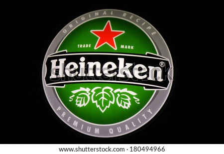 JANUARY 28 2014 BERLIN the logo of the brand Heineken" Berlin JANUARY 28 2014 BERLIN the logo of the brand Heineken" Berlin