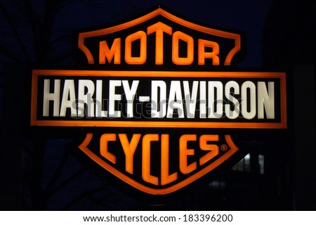 FEBRUARY 15 2014 BERLIN the logo of the brand Harley Davidson Berlin FEBRUARY 15 2014 BERLIN the logo of the brand Harley Davidson Berlin