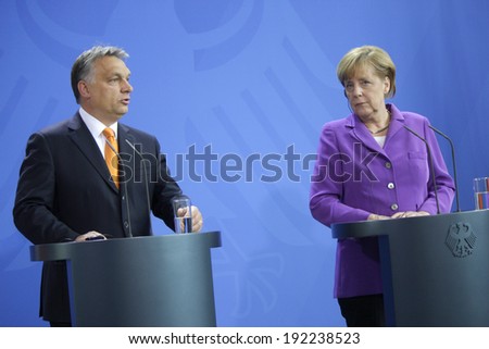 MAY 8, 2014 - BERLIN: Viktor Orban, Angela Merkel at a press conference before a meeting of the German Chancellor with the Prime Minister of Hungary in the Chanclery in Berlin.