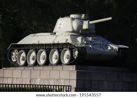 CIRCA APRIL JANUARY 2014 - BERLIN: an Soviet/ Russian tank in front of the Soviet War Memorial at the Strasse des 17. Juni, Berlin-Tiergarten.