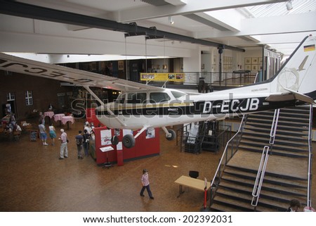 CIRCA MAY 2014 - BERLIN: the original Cessna airplane used by Mathias Rust to land near the Red Square during the Cold War in 1987 on exhibit at the Deutsches Technikmuseum, Berlin-Kreuzberg.