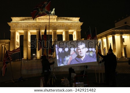 CIRCA DECEMBER 2014 - BERLIN: video message by German activist Ken Jebsen at a demonstration in favor of the political postions of Russia at the Brandenburg Gate in Berlin.